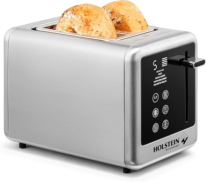 Holstein Housewares 2-Slice Digital Toaster – Extra-Wide Slots, LED Display, Countdown Timer, Reheat, Defrost, Cancel & High-Lift Release – Compact Toaster with Removable Crumb Tray, Silver & Black