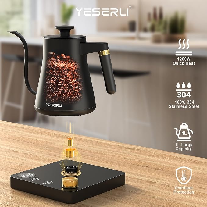 1200W Gooseneck Kettle with ±1℉ Temperature Control,Pour Over Electric Kettle for Coffee & Tea,Digital Display,4 Temp Preset,12H Keep Warm,100% Stainless Steel,Rapid Heating,1L,Matte Black