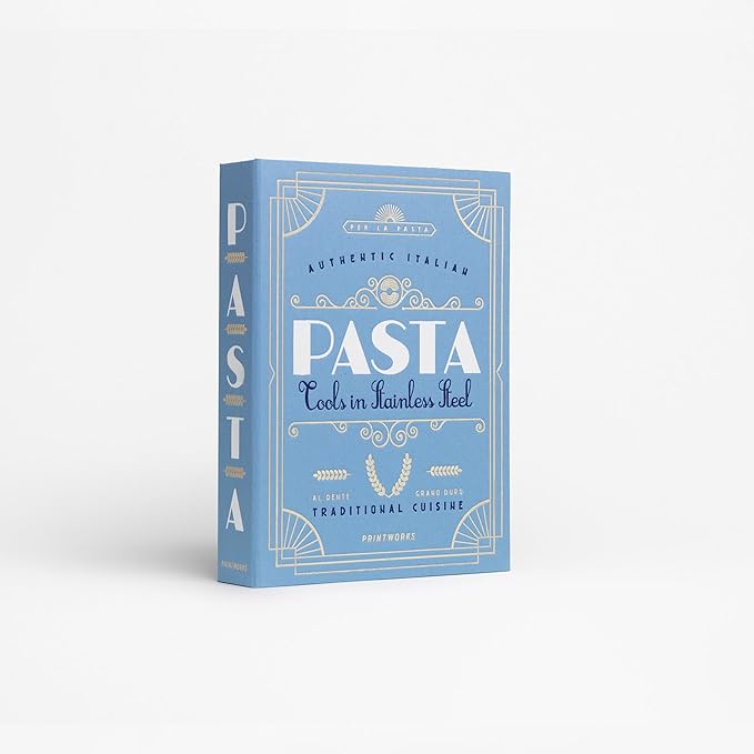 Printworks The Essentials, Pasta Tools – Pasta Kit with Spaghetti Tong, Spaghetti Measurer & Grater in Bright Blue Book-Style Case