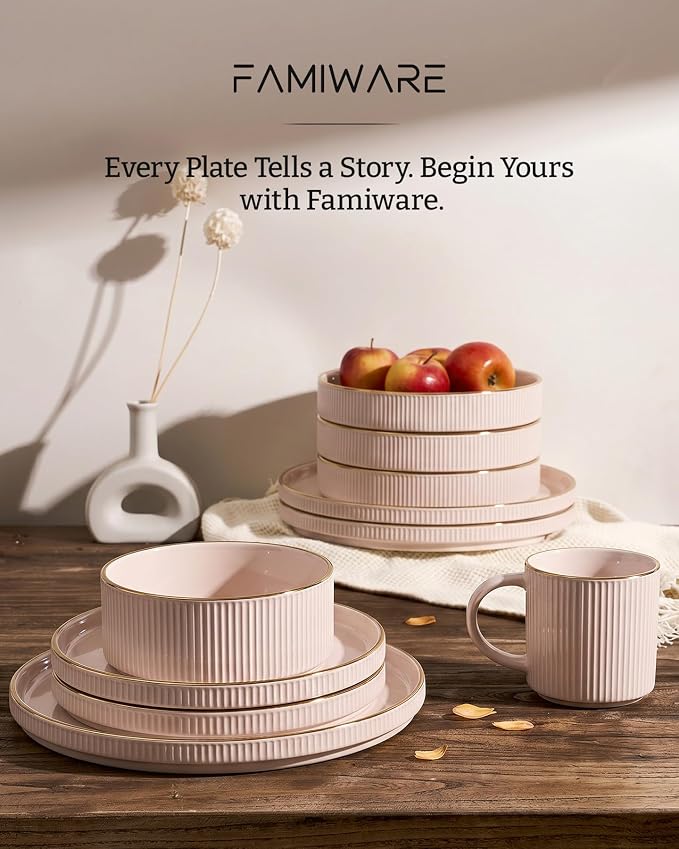 Famiware Star 18-Piece Stoneware Dinnerware Set for 6 – Pink, Ribbed Ceramic Plates and Bowls with Rim – Modern Rustic Dishes, Everyday & Formal – Chip & Scratch Resistant, Microwave & Dishwasher Safe