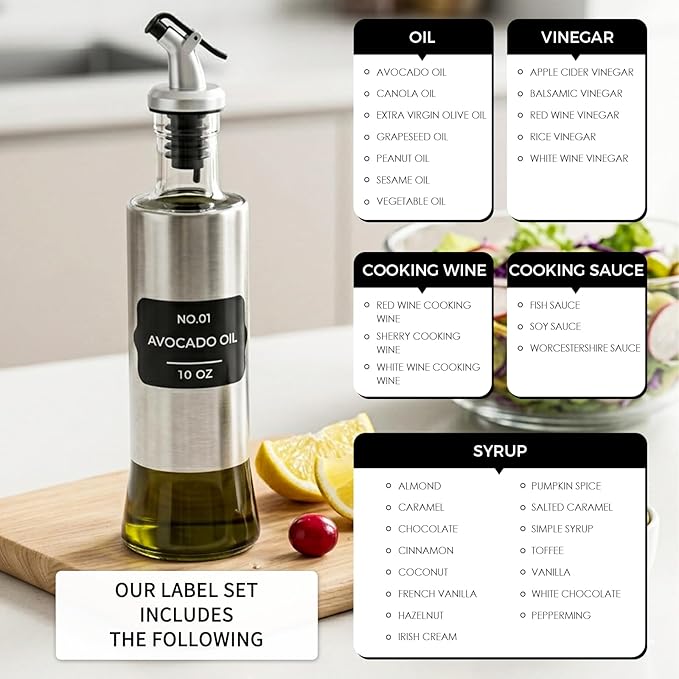 Olive Oil Dispenser for Kitchen, 2 Pack 10oz/300 ML Cooking Oil and Vinegar Dispenser Set with 20 Labels Stainless Steel Funnel, Olive Oil Bottle, Soy Sauce Dispenser, Coffee Syrup Bottles