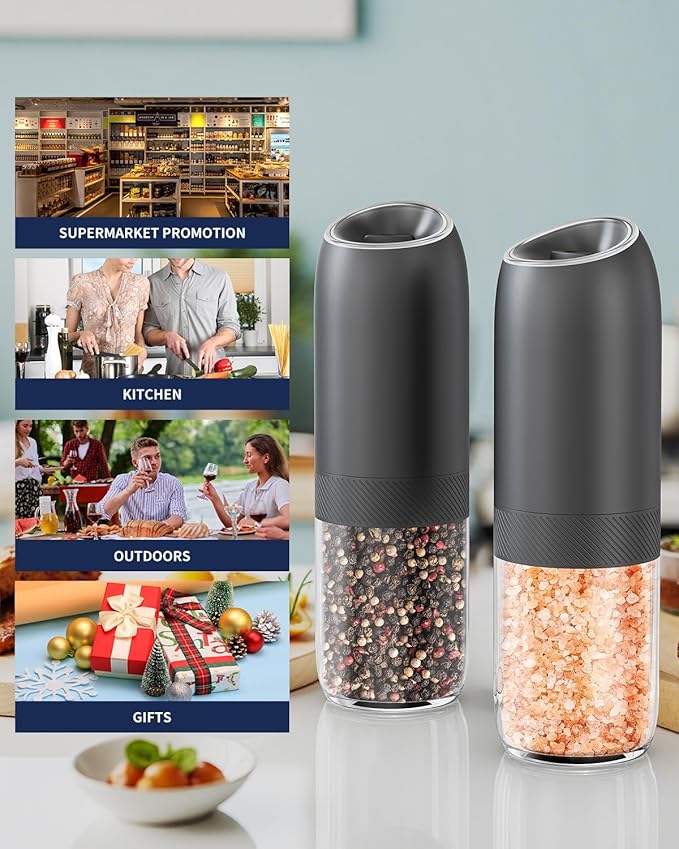 CIRCLE JOY Gravity Electric Salt and Pepper Grinder Set, Battery Powered Automatic Pepper Mills with Adjustable Coarseness, One Hand Operation, 176ml Large Container, Black - Includes 8 Batteries