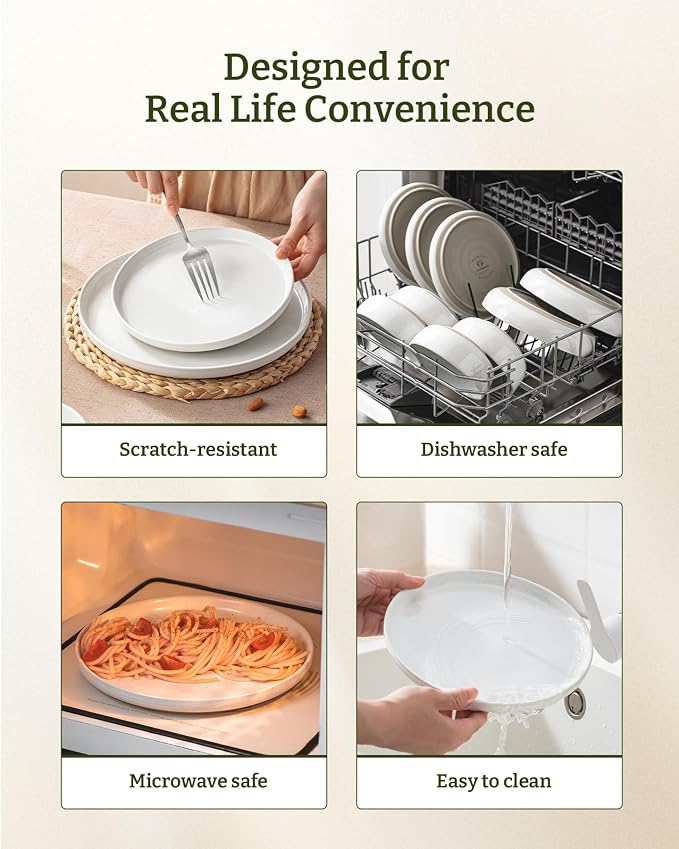 Famiware Milkyway 12-Piece Stoneware Dinnerware Set for 4, Plates and Bowls, Scratch Resistant, Microwave & Dishwasher Safe, White