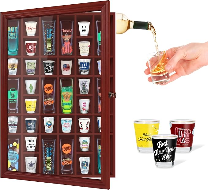 Shot Glass Display Cabinet Solid Wood - Large Display Case for Collectibles | Man Cave Accessories | UV Protection Acrylic Door | Wall Mounted Black Shadow Box (26 x 18 Mhg)