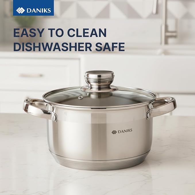 Daniks Standard 3 Quart Stainless Steel Stock Pot with Glass Lid, Tri-Ply Bottom for Even Heating, Induction Compatible, Dishwasher Safe, Built-In Measuring Scale, Silver