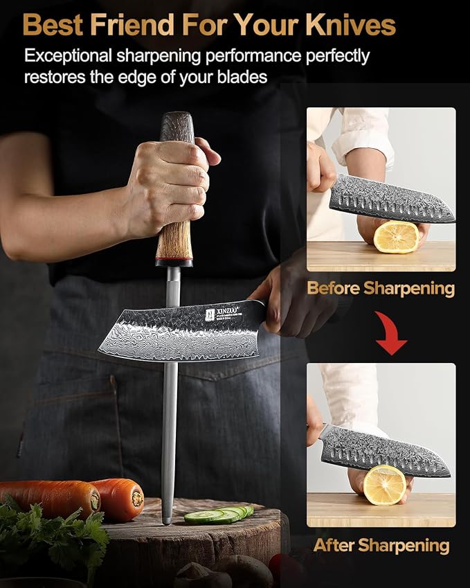 XINZUO 9.1 Inch Knife Sharpener Rod,High-Carbon Steel Hard Chrome Plating Honing Rod For Various Kitchen Knives Grinding, Pruning Shears With White Oak + Red G10 Gasket Handle