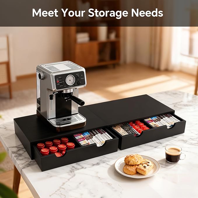 Coffee Pod 15" X 11" X 3" Natural Wood Countertop Organizer Drawer, Counter Top Espresso Tea Bag Station Storage Holder Box, Black