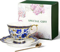 ONEUSTAR Tea Cup and Saucer Set for 1 Bone China Floral Coffee Cup with Gold Trim 6.8 oz Vintage English Teacup for Women Mother's Day Gift, Blue