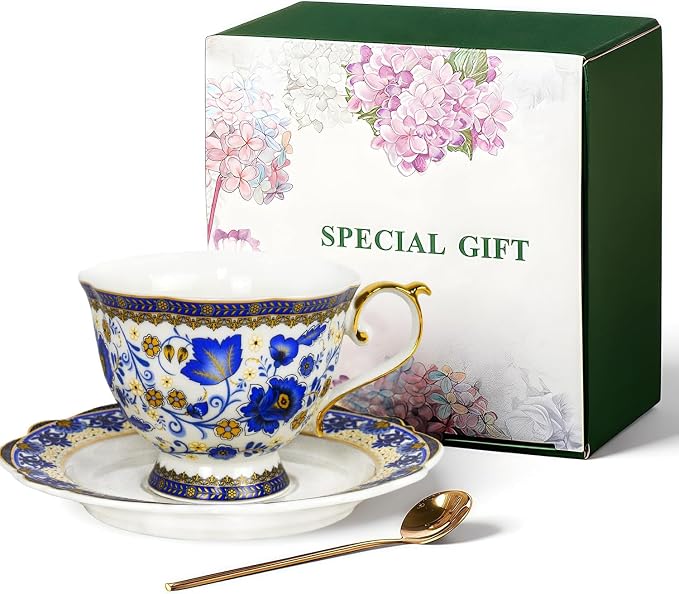 ONEUSTAR Tea Cup and Saucer Set for 1 Bone China Floral Coffee Cup with Gold Trim 6.8 oz Vintage English Teacup for Women Mother's Day Gift, Blue