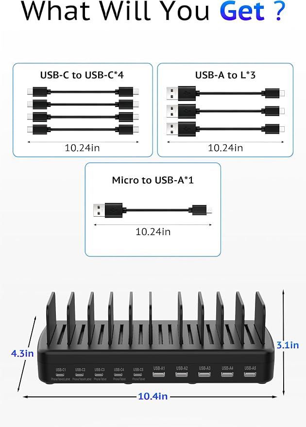 320W Charging Station for Multiple Devices, 10-Port USB Fast Charging Dock Adjustable Dividers & 8 Cables, 65W Laptop Port, Fireproof & Anti-Slip for Office Home Gamers