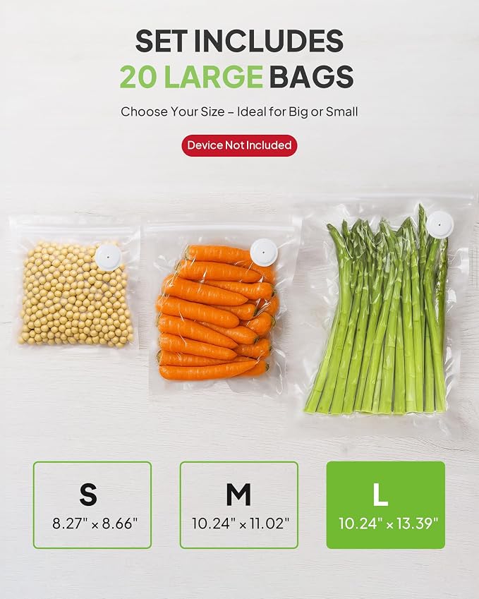 Reusable Vacuum Sealer Bags 20-Pack (Large 10x13 in) - BPA-Free Double-Seal Leakproof | Compatible with TUITUITA & Major Sealers | Freezer/Microwave/Dishwasher Safe