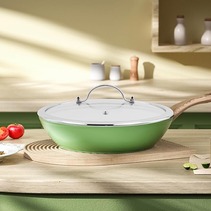 Woogim 10.5 Inch Thickened Tempered Glass Lid with Ergonomic Stainless Steel Grip,Dishwasher Safe and Oven Up to 480℉,Wide Edge Cover for Frying Pans,Sauce Pots & Woks