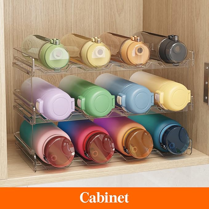 Lifewit Stackable Water Bottle Organizer for Cabinet, Plastic Bottle Holder Fits Bottles/Tumblers up to 3.8" Diameter for Pantry/Countertop, 3 Tier Holds14 Bottles 41 x 20 x 24 cm/16 x 8 x 9.5"