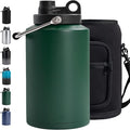 Insulated Gallon Jug with Handle, One Gallon, 128oz Stainless Steel, Large Double Vacuum Water Bottle for Cold Drinks, Wide Mouth, Sweat Proof, Carrier bag, Great for Travel, Camping, Green