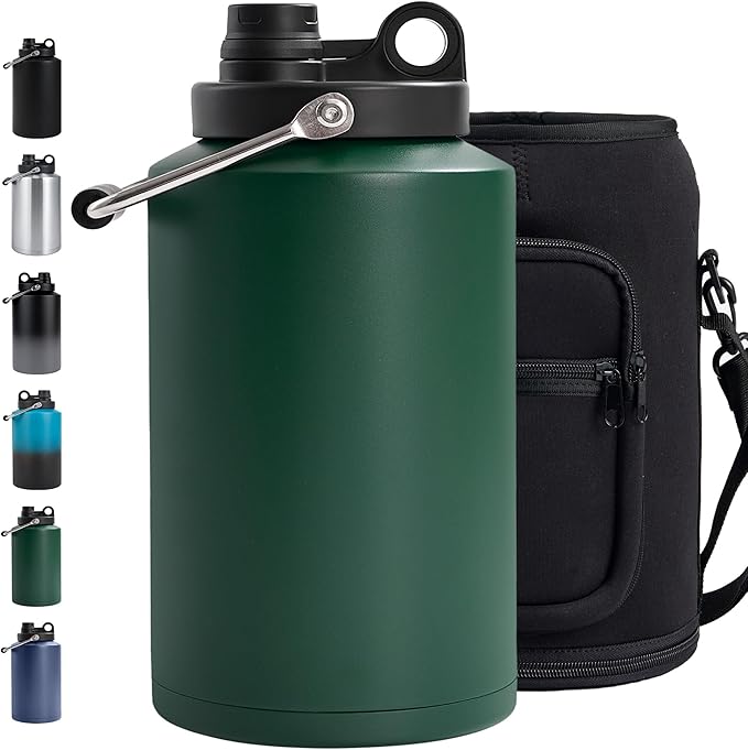 Insulated Gallon Jug with Handle, One Gallon, 128oz Stainless Steel, Large Double Vacuum Water Bottle for Cold Drinks, Wide Mouth, Sweat Proof, Carrier bag, Great for Travel, Camping, Green