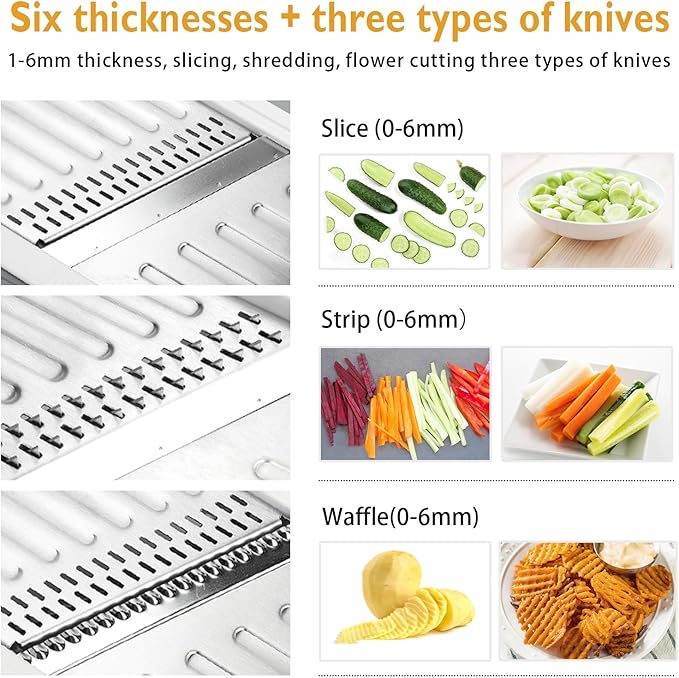ZKIRON Large Mandoline Slicer for Kitchen - Professional Stainless Steel Onion Slicer & Cabbage Shredder, Integrated 2-in-1 Blade for Waffle & Smooth Cuts, Safety Hand Guard Included (Gray)