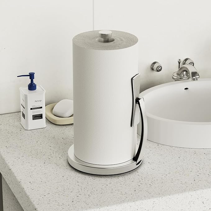 VEHHE Paper Towel Holder Countertop, Paper Towel Holder with Spring Activated Arm and Damping Effect, Simply Tear Paper Towel Stand for Bathroom and Kitchen (Silver)
