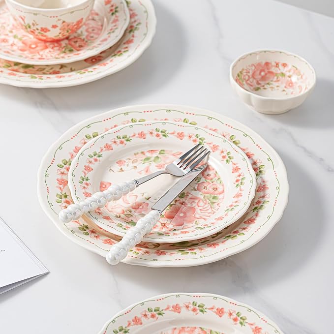 16-Piece Dinnerware Set for 4, Ceramic Plates and Bowls Sets, Microwave & Dishwasher Safe Dish Sets for Daily Use & Gifting, with Morning Bloom Floral Vine Pattern