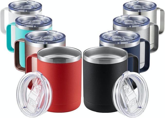 MEWAY 12oz Mix Color Mug With Handle 8 Pack Bulk,Stainless Steel Insulated Travel Tumblers With Sliding Lid,Double Wall Vacuum Camping Coffee Cup for Hot & Cold Drinks Tea (Mix,Set of 8)