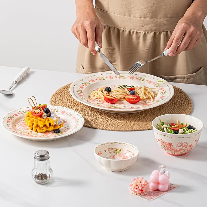 16-Piece Dinnerware Set for 4, Ceramic Plates and Bowls Sets, Microwave & Dishwasher Safe Dish Sets for Daily Use & Gifting, with Morning Bloom Floral Vine Pattern