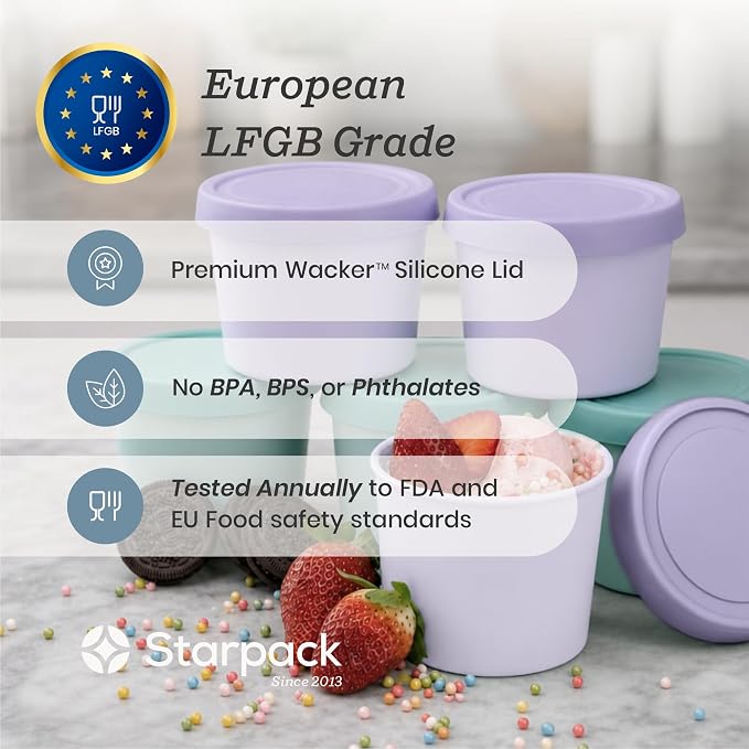 Starpack Freeze The Day Cute Small Ice Cream Freezer Containers (6-Pack, 13.5oz) - Single Serve with Silicone Lids - BPA-Free, Airtight, Reusable, Homemade Ice Cream, Frozen Yogurt, Lavender & Mint