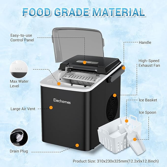 Portable Ice Maker, Elechomes Countertop Ice Maker Machine with Handle, 27lbs Ice Per Day, Compact Ice Machine with Self-Cleaning Function, Perfect for Home, Kitchen and Office