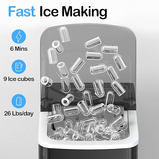 SPECILITE Ice Makers Countertop, Compact Counter Machine, Self Cleaning, 26L/24H, 9 Ice Cubes S/L Pellet in 6-8 Mins, Portable Icemaker with Pouch/Bag/Scoop/Basket for Home Kitchen Office Bar (Black)