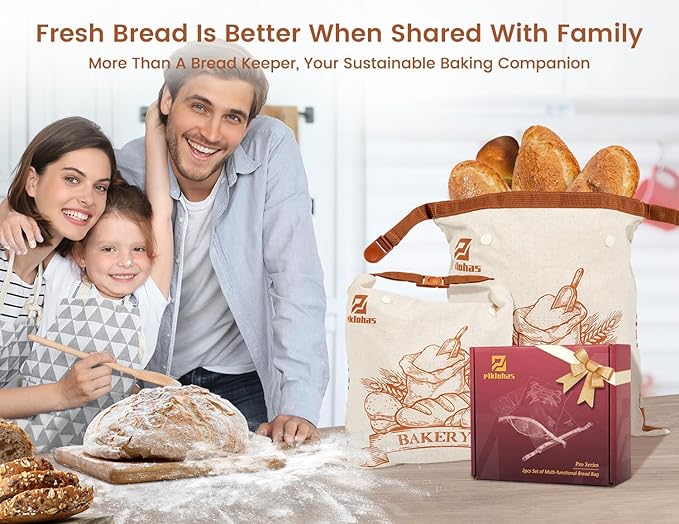 Piklohas Sourdough Bread Bags, 2 Sets Detachable Bread Storage for Homemade Sourdough, Reusable Linen Food Storage with Lining & Triple Lock for Fresh Keeping, BPA Free, Christmas Baking Gifts