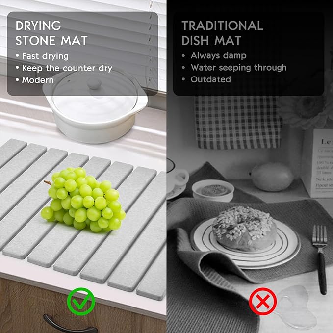 Large Stone Dish Drying Mat for Kitchen Counter, 24"(L)×16"(W), Collapsible Quick Dry Dish Drying Mat, Ultra Absorbent Diatomaceous Earth Mats for Dishes Bottles Cups, Match Any Countertop