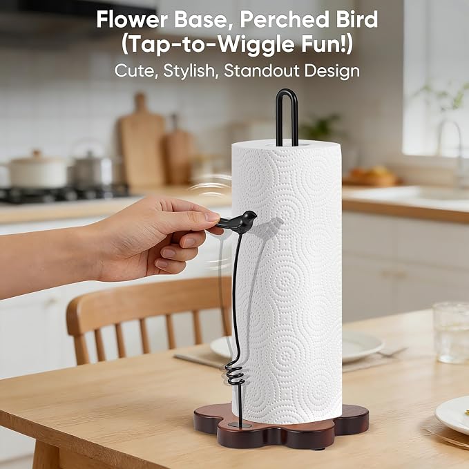 Wood Paper Towel Holder Countertop,Flower Shaped Wood Base with Decorative Spring-Loaded Iron Bird Accent,Dual Iron Rods,Non Slip Pads,Stable for Kitchen,Dining Room & Home Decor