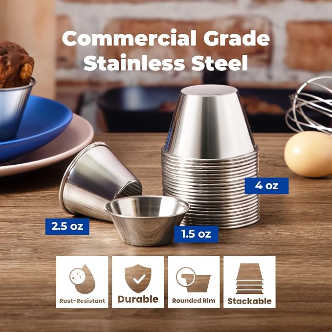 Fit Meal Prep [12 Pack 4 oz Stainless Steel Dipping Sauce Cups, Reusable Metal Ramekins, Commercial Grade Condiment Bowls, Individual Portion Cups, Small Round Au Jus Cup for Home, Restaurant