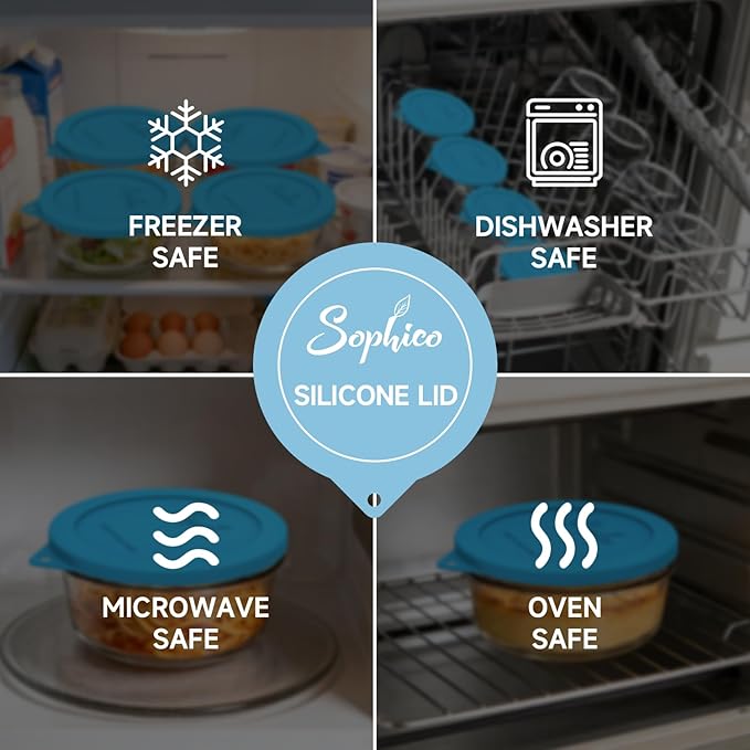 Sophico Silicone Storage Lids Cover Replacement for Pyrex Freshlock and SNAPWARE 4CUP(7201R), Round Glass Bowls Containers Set, Airtight Lids, 4 Pack