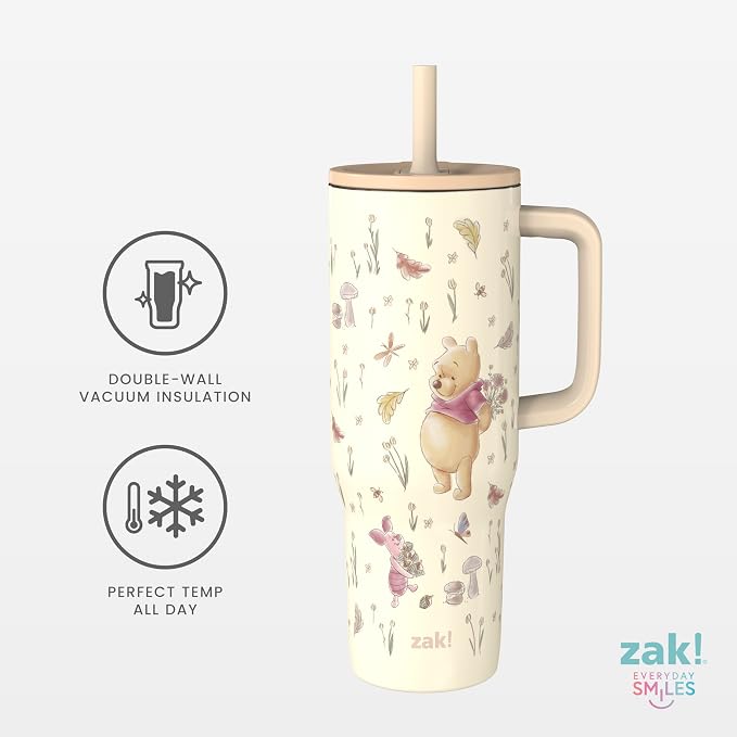 Zak Designs Disney Winnie the Pooh Sutton Travel Tumbler for On the Go, 30oz Stainless Steel with Vacuum Insulation, Silicone Straw, and Carry Handle for Cold Drinks (Pooh and Friends)