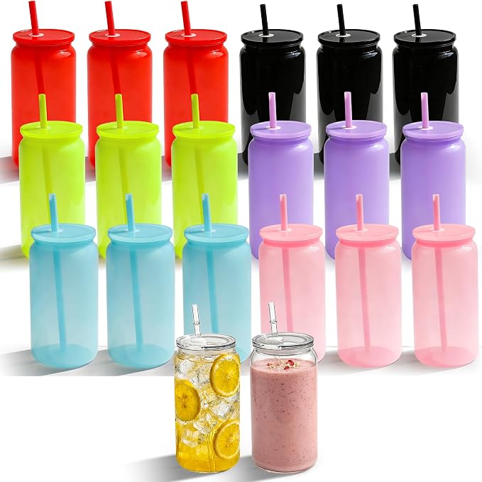 20 Pack Plastic Cups Reusable with Lids and Straws, 16 oz Acrylic Mason Jars Iced Coffee Cups Unbreakable Drinking Glasses for Poolside, Party Giveaways, Park Picnic, Jelly Color