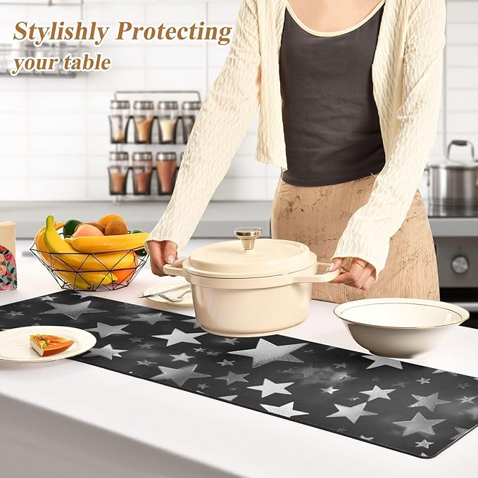 Silver and Gray Stars Trivet Table Runner Heat Resistant 230F for Hot Dishes Pots Plates Kitchen Dining Table Protector Decorative 39.37 X 11.8 Inch