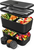 Umami Lunch Box Containers w/ 4 Utensils, 2 Sauce Jars, Nestable Space-Saving Bento Box Adult, 100% Leakproof, Microwavable Lunch Containers for Adults, Design Award Winner, Onyx Black, 50 oz