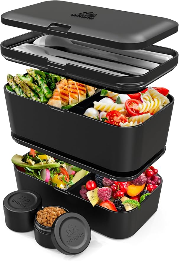 Umami Adult Bento Box Lunch Set Bundle – 50 oz Leakproof Stackable Bento Box with Utensils, Dividers & Sauce Jar + Insulated Lunch Bag, Microwave & Dishwasher Safe