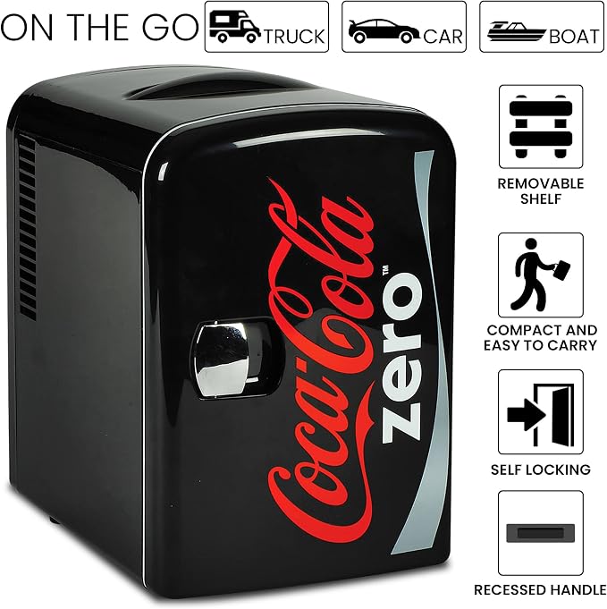 Coke Zero Mini Fridge - 6 Can Refrigerator for Bedroom Office, Portable Table Top Beverage Cooler, 12V 110V Refrigerador For Drinks, Soda, Wine Use In Car, Dorm, Outdoor, Patio