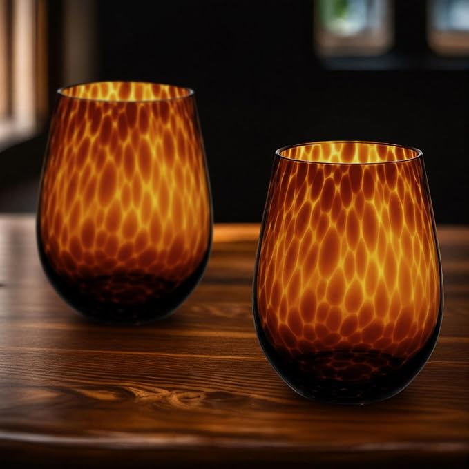 Honeydak Set of 6 Tortoise Leopard Print Brown 16oz Rocks Glasses Stylish Stemless Cocktail Cups Glass Glassware Tumbler Ideal for Gin, Tequila, Vodka, Soft Drinks