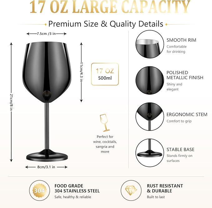 UNISWEET Stainless Steel Wine Glasses Set of 4 Unbreakable Wine Glass 18 oz Unique Metal Wine Goblets for Outdoor, Travel, Camping, Pool, Ideal Gift for Wine Lovers (Mirror-Black)