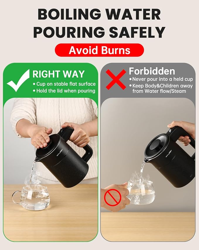 WTJMOV 0.6L Small Electric Tea Kettle Lightweight, 20 Ounce Double Wall Hot Water Boiler Stainless Steel Auto Shut-off, 120V Portable Travel Electric Kettle Fast Boil for Tea and Coffee, Black