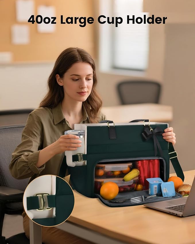 LOVEVOOK Lunch Bag, Insulated Lunch Tote Bag with Laptop Compartment, Large Capacity Work Tote, Water Reasistant Handbag Insulated Bag Leakproof for Teacher, Nurse, Dark Green-Beige-Black, 17.3 Inch