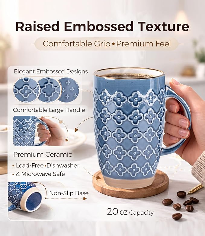GBhome 20oz Large Coffee Mugs Set of 6, Handmade Tall Ceramic Coffee Mugs with Texture Patterns for Cappuccino, Latte,Hot Cocoa, Dishwasher & Microwave Safe-Moonlight Blue