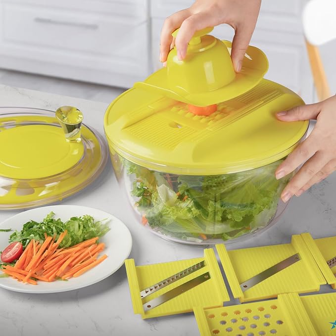 2-in-1 Salad Spinner & Mandoline Slicer Lettuce Spinner Vegetable Washer Dryer with 5 Interchangeable Blades, 5L Large Capacity, Easy to Clean, Food-Grade Kitchen Tool for Vegetables & Fruits
