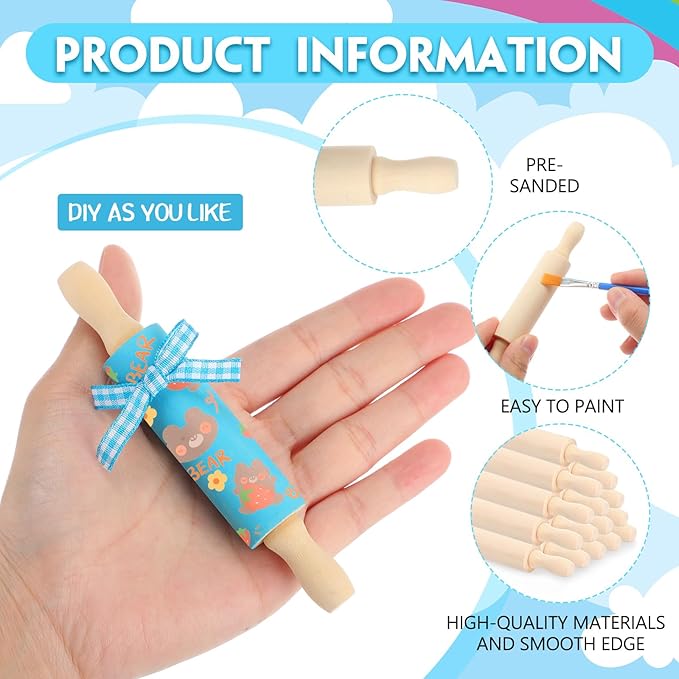 DoubleFill 30 Pack Mini Rolling Pin for Crafts, Small Wooden Dough Rollers with Plaid Ribbon Paint Brush Template Cards for New Year, Spring Party Presents, Tray Decorative, Kitchen Baking(5 Inches)