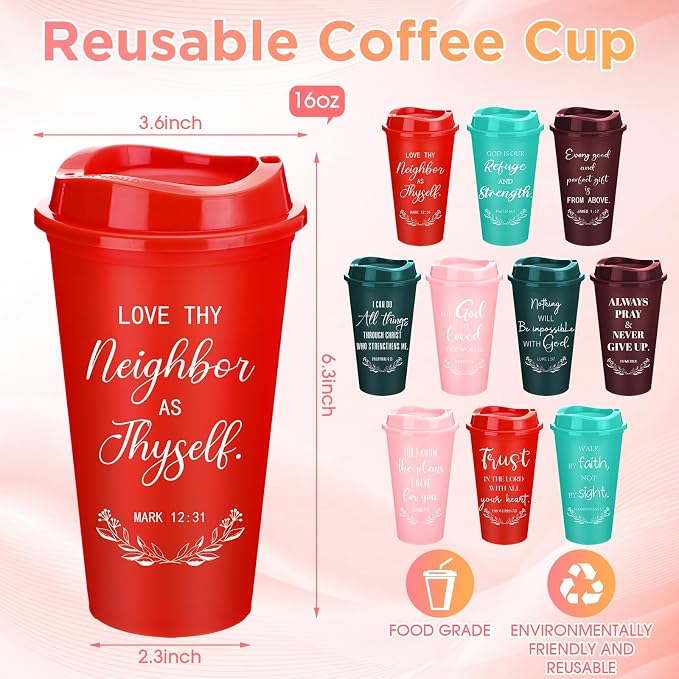 Skylety 40 Pack Bulk Christian Gifts for Men Women 16oz Reusable Bible Verse Tumbler Plastic Coffee Cup with Lid Inspirational Religious Church Gift for Teacher Graduation Party Favor (Bright Color)