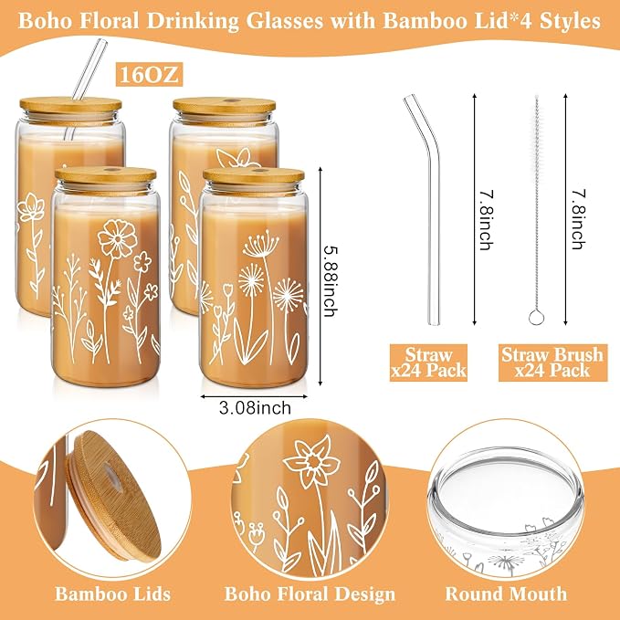 Mumufy 24 Pack Glass Cups Gift Aesthetic Cute Glass Cup Tumbler Flower Iced Coffee Mugs 16 oz with Bamboo Lid & Straw, for Wedding Birthday Bridesmaid Mom Baby Shower