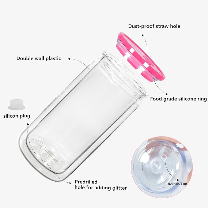 16 oz Acrylic Snow Globe Cups Snow Globe Tumbler Double Wall Snowglobe Tumbler with Pre Drilled Hole Clear Plastic Cups with Colorful Lids and Straws for Iced Coffee Boba Juice Soda 12 Pack