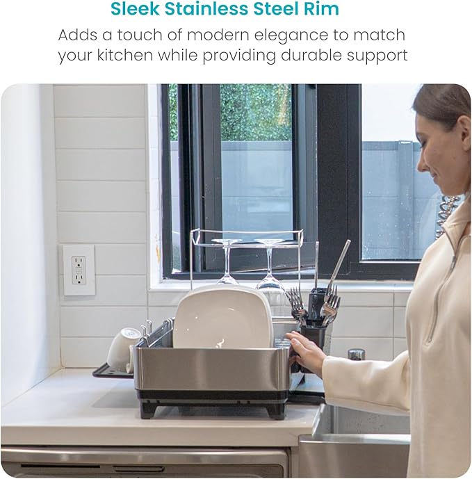Home Zone Living Large 1-Tier Stainless Steel Dish Drying Rack with Drain Pipe and Utensil Holders