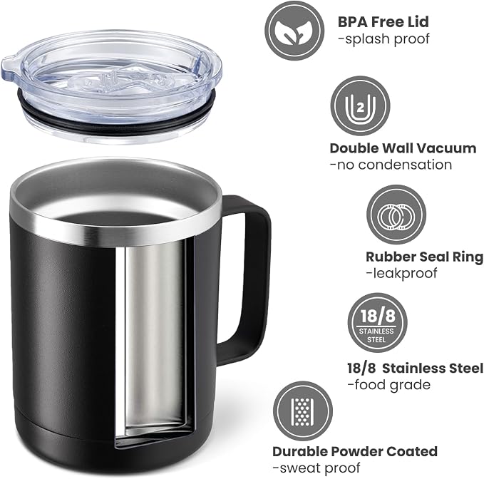 MEWAY 12oz Coffee Mug With Handle 4 Pack Bulk,Stainless Steel Insulated Travel Tumblers With Sliding Lid,Double Wall Vacuum Camping Cup for Hot & Cold Drinks Tea (Black,Set of 4)